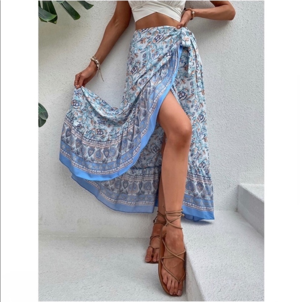 Boho Blue Floral Print Ruffle WRAP Maxi Skirt - Picture 5 of 10